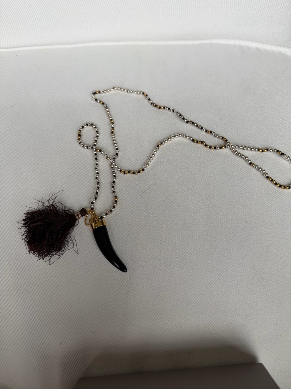 Source Unknown Black Horn Pendant Bead Necklace with Brown Tassel